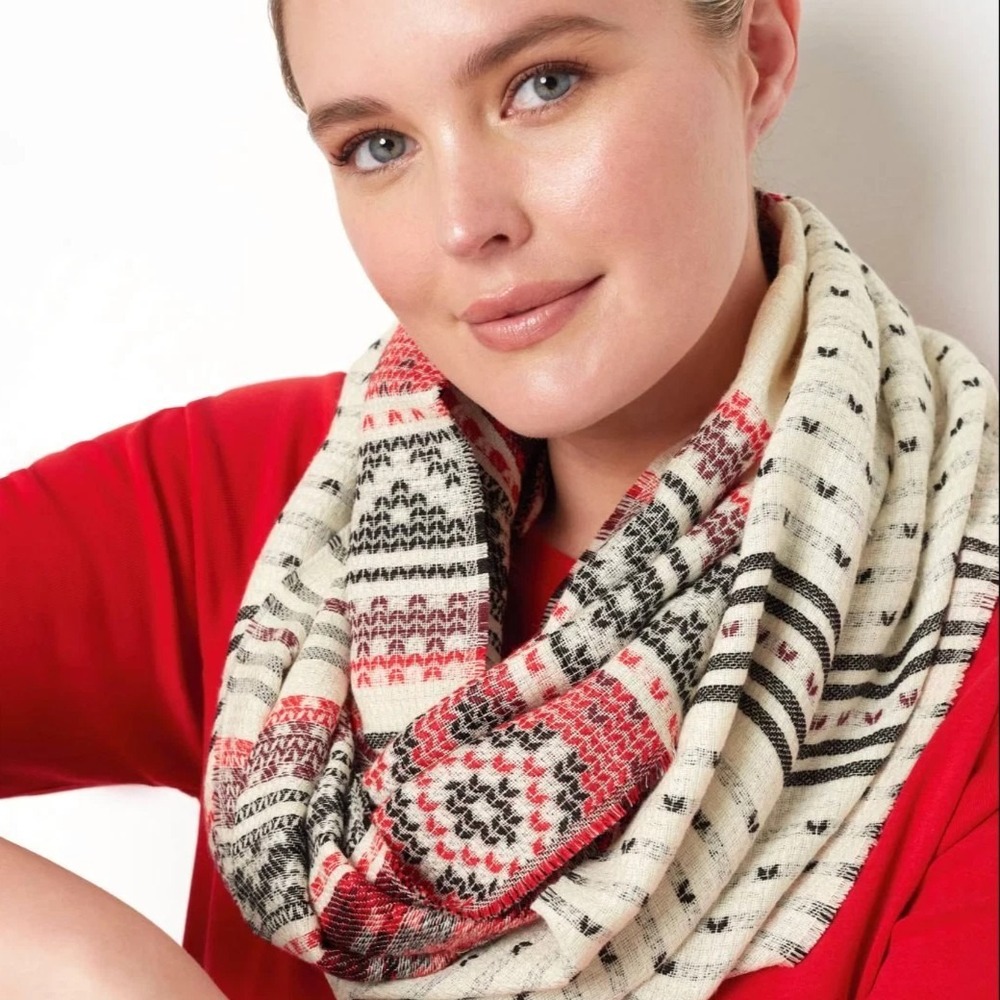 J Jill Fair Isle Infinity Scarf Womens O/S Red Black‎ Cream Circle Lightweight